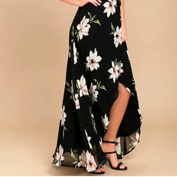 Lulus NWT All Mine Black Floral Print High-Low Lined Maxi Wrap Dress Size XS - Picture 2 of 15